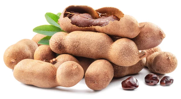 Mogna Tamarind Frukt Blad Och Vissa Tamarind Frön Isolerad Vit — Stockfoto