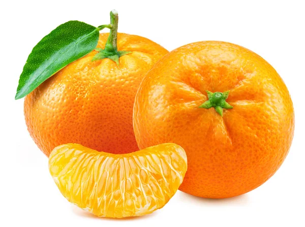 Ripe Tangerine Fruits Leaf Mandarin Slices White Background — 스톡 사진