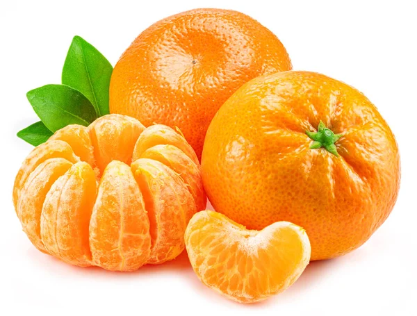 Ripe Tangerine Fruits Leaf Mandarin Slices White Background — Stockfoto