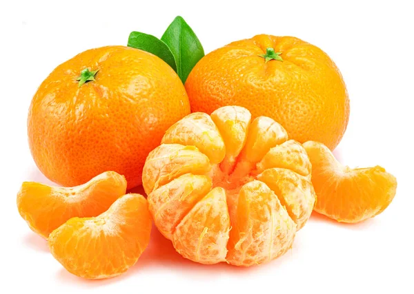Ripe Tangerine Fruits Leaf Mandarin Slices White Background — стоковое фото