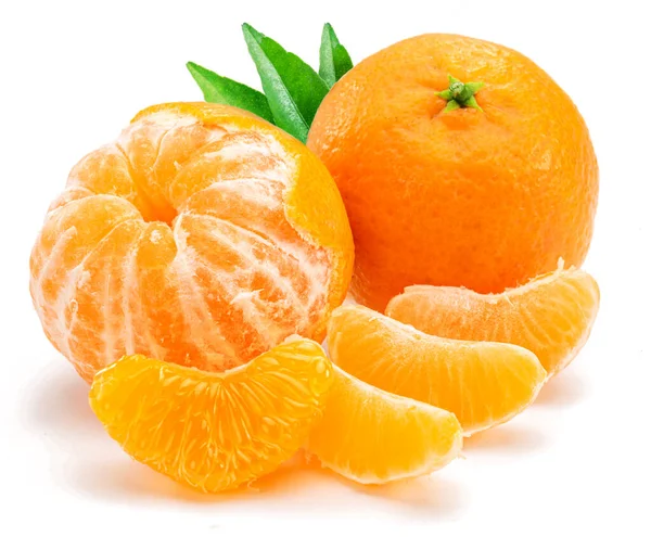 Ripe Tangerine Fruits Leaf Mandarin Slices White Background — Stockfoto