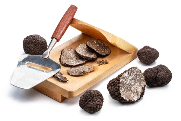 Slicing Black Winter Truffles Isolated White Background — Stockfoto