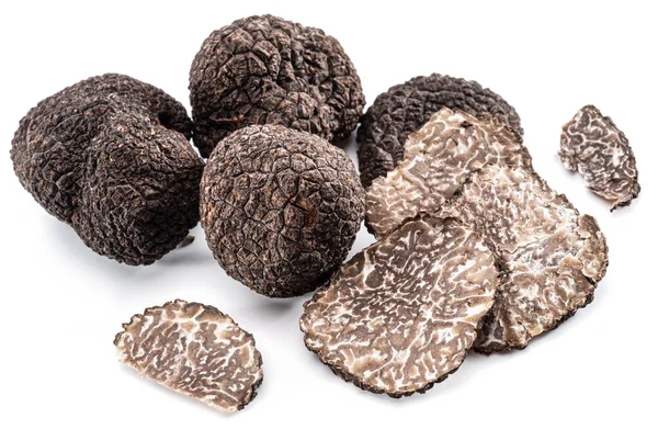 Trufas Negras Invierno Rodajas Trufa Sobre Fondo Blanco Más Famosa — Foto de Stock