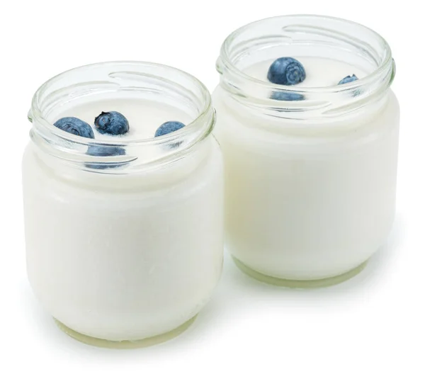 Twee Glazen Containers Met Yoghurt Bessen Geïsoleerd Witte Achtergrond — Stockfoto