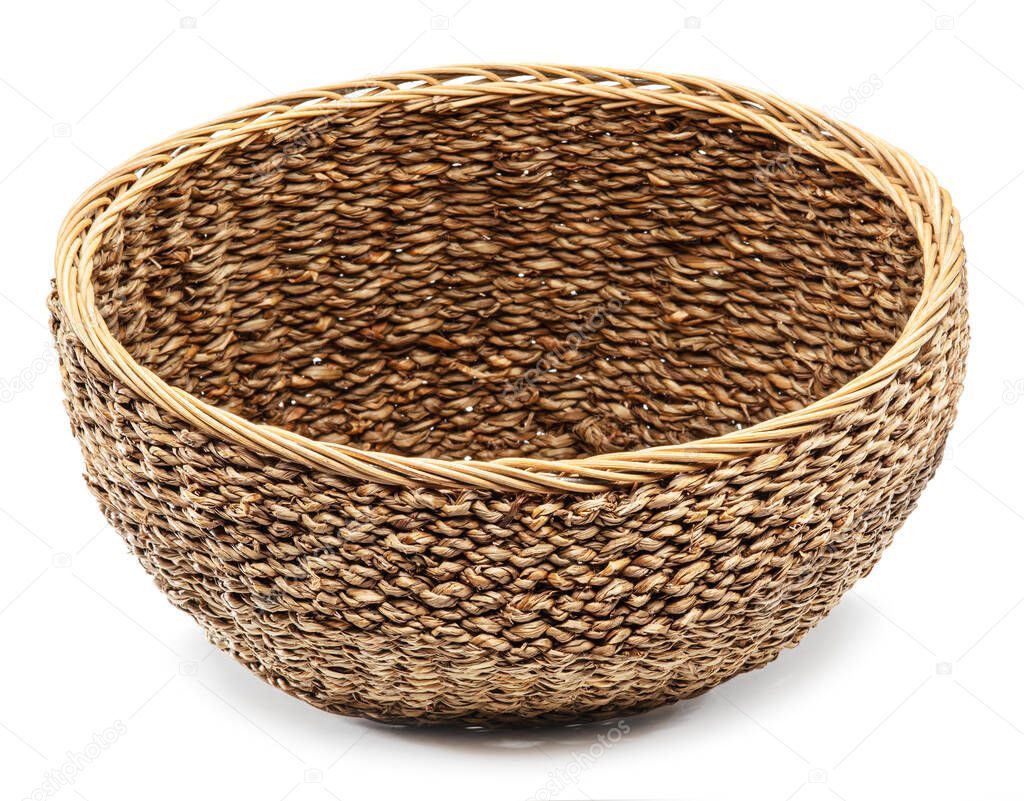 Empty wicker basket isolated on white background. File contains clipping path.