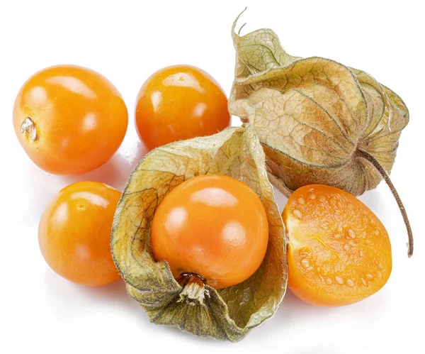 Ripe Physalis Golden Berry Fruits Calyx Isolated White Background — Zdjęcie stockowe