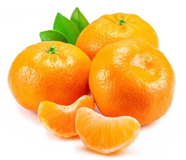 Ripe Tangerine Fruits Leaf Mandarin Slices White Background — Zdjęcie stockowe