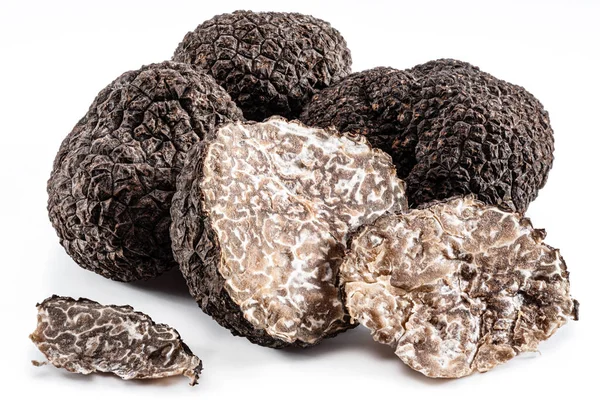 Black Winter Truffles Truffle Slices White Background Most Famous Trufflez —  Fotos de Stock