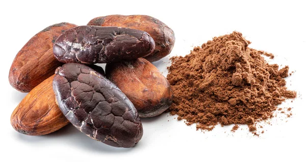 Kakaobohnen Und Kakaopulver Nahaufnahme Auf Weißem Hintergrund — Stockfoto