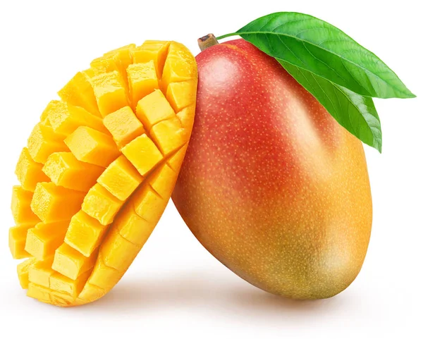 Owoce Mango Zielonym Liściem Mango Pocięte Stylu Jeża Białym Tle — Zdjęcie stockowe