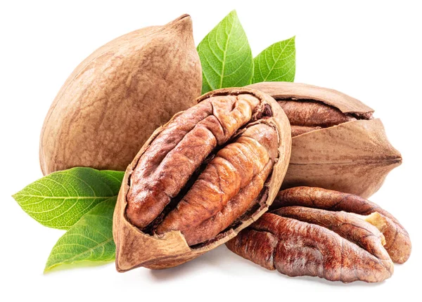 Shelled Cracked Pecan Nuts Leaves Close White Background — Stock Photo, Image