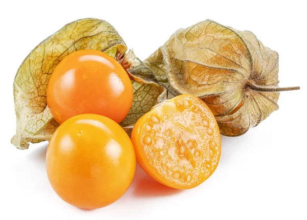 Reife Physalis Oder Goldene Beerenfrüchte Kelch Isoliert Auf Weißem Hintergrund — Stockfoto