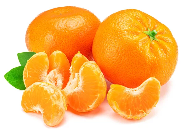 Ripe Tangerine Fruits Leaf Mandarin Slices White Background — ストック写真