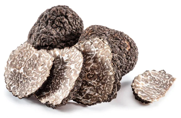 Black Winter Truffles Truffle Slices White Background Most Famous Trufflez — Stok fotoğraf