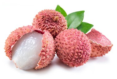 Whole and opened lychee fruit isolated on white background.