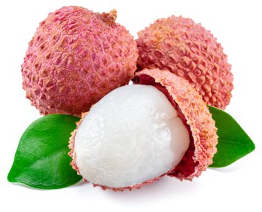 Whole and opened lychee fruit isolated on white background.