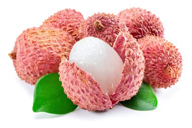 Whole and opened lychee fruit isolated on white background.