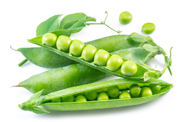 Perfect green peas in pod isolated on white background.