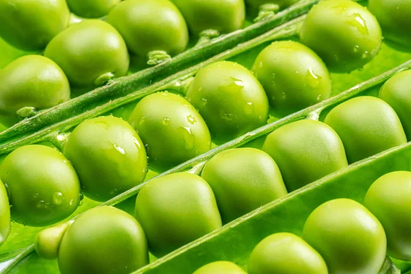 Rijen Van Perfecte Groene Erwten Pod Close Voedselachtergrond — Stockfoto