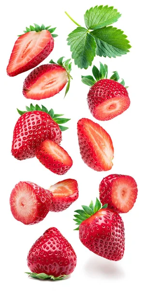Strawberry Strawberry Slices Flying Air Slices White Background — 스톡 사진
