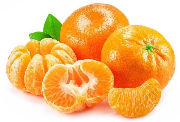Ripe Tangerine Fruits Leaf Mandarin Slices White Background — Stockfoto