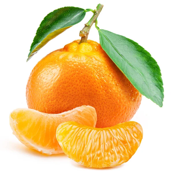 Ripe Tangerine Fruits Leaf Mandarin Slices White Background — Stockfoto