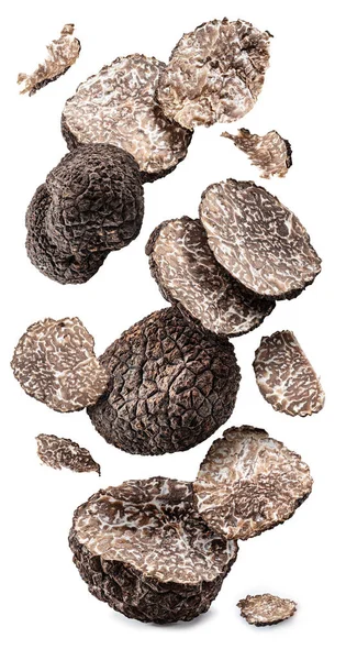 Slices Chops Black Winter Truffle Levitating White Background Most Famous — 图库照片