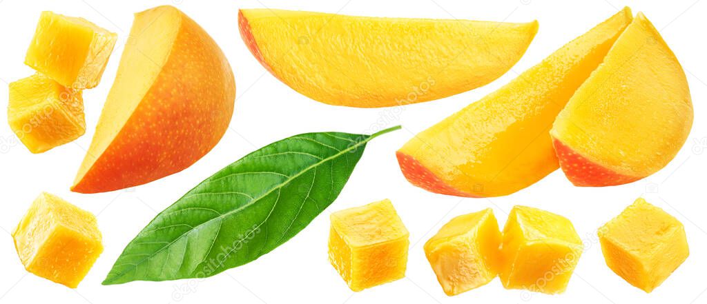 Collection of mango cubes and slices on white background. File contains clipping path.