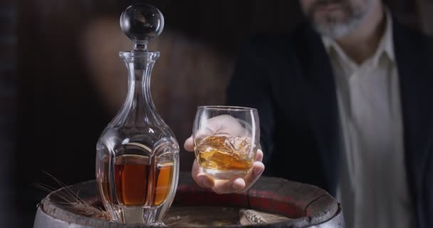 Man Suit Beard Sommelier Takes Glass Whiskey Ice Vintage Whiskey — Video