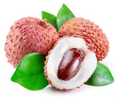 Whole and opened lychee fruit isolated on white background.