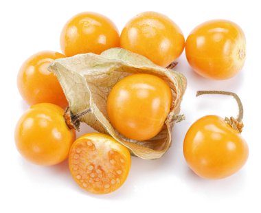 Beyaz arka planda izole edilmiş calyx cinsinden olgun bitki salatası ya da altın çilek..