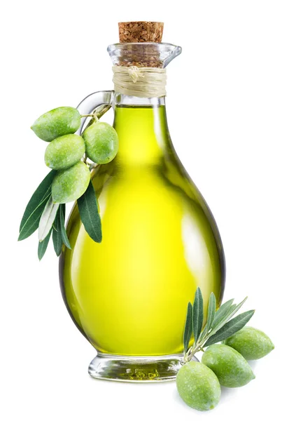 Bottle Olive Oil Decorated Fresh Olive Fruits Isolated White Background — Fotografia de Stock