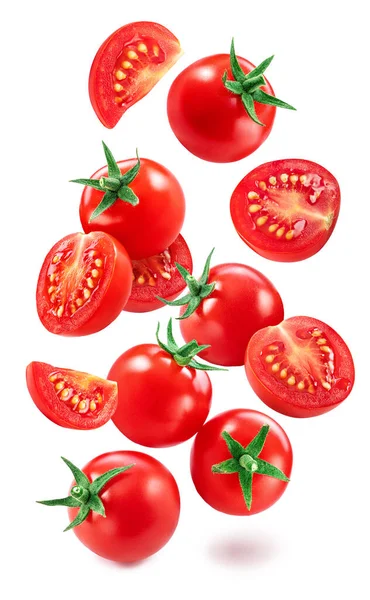 Vallende Kerstomaten Tomatenschijfjes Geïsoleerd Witte Achtergrond Macro Heeft Geschoten Bestand — Stockfoto