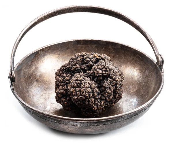 Black Winter Truffle Old Fashioned Tin Bowl Isolated White Background — Fotografia de Stock