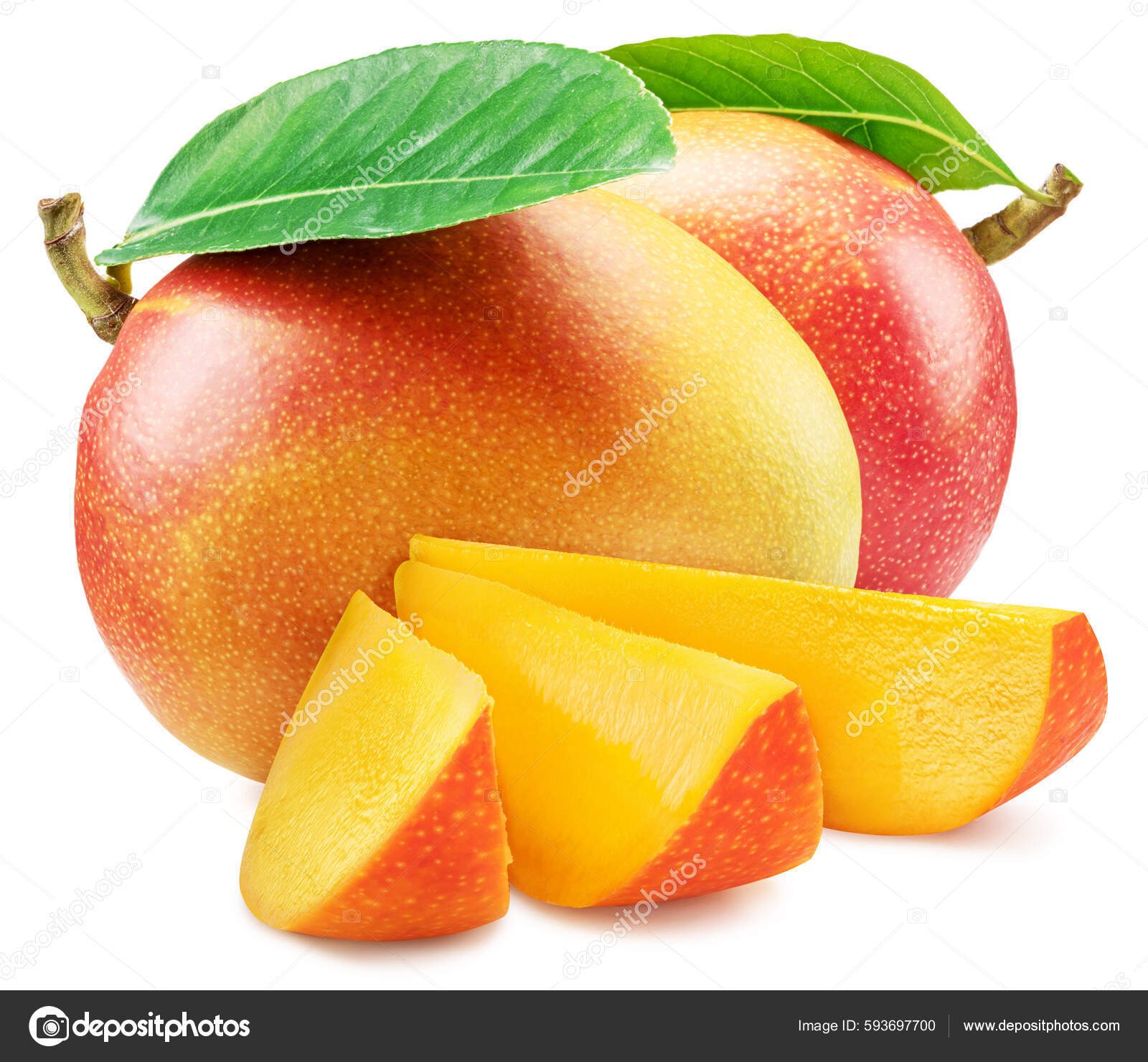 Mango Fruits Green Leaf Mango Slices Isolated White Background.