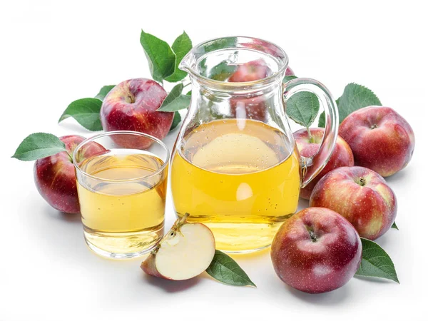 Glass Carafe Fresh Apple Juice Organic Apples Isolated White Background — Stock Photo, Image