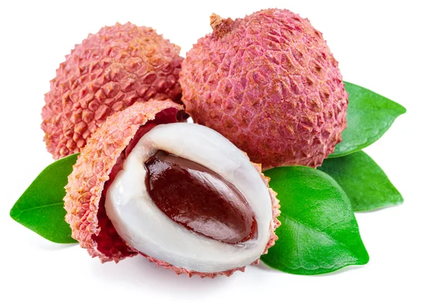 Whole Opened Lychee Fruit Isolated White Background — Foto de Stock