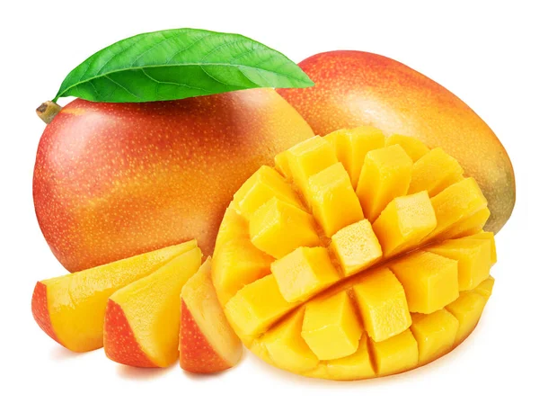 Mango Vruchten Met Groen Blad Mango Gesneden Egel Stijl Geïsoleerd — Stockfoto