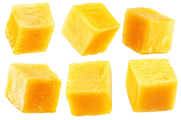 Set Juicy Mango Cubes White Background File Contains Clipping Paths — Foto Stock