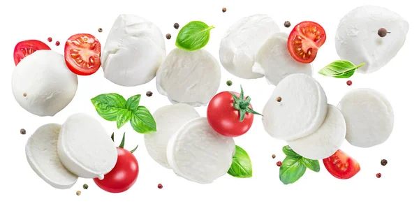 Flying Slices Mozzarella Cheese Cherry Tomatoes Pepper Basil Isolated White — Stock Photo, Image