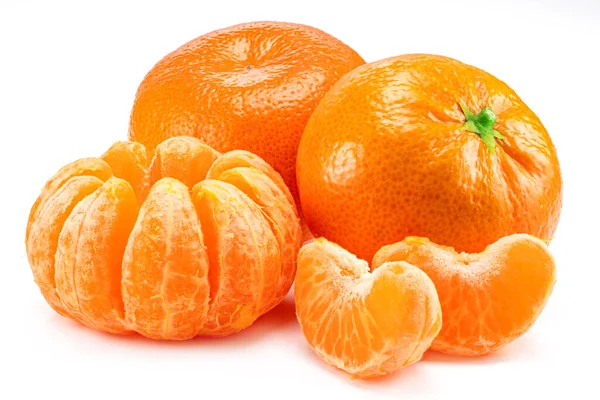 Ripe Tangerine Fruits Leaf Mandarin Slices White Background — 스톡 사진