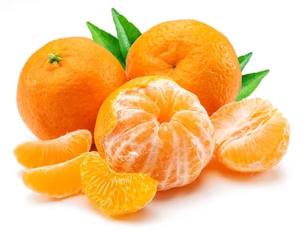 Ripe Tangerine Fruits Leaf Mandarin Slices White Background — Fotografia de Stock