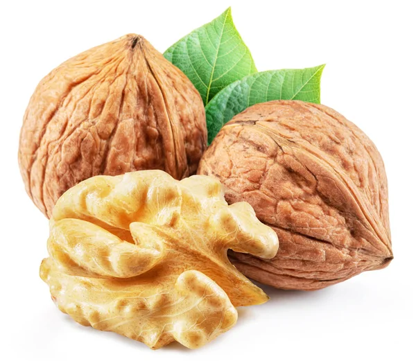 Ořechy Jádro Vlašských Ořechů Zelené Listy Izolované Bílém Pozadí — Stock fotografie