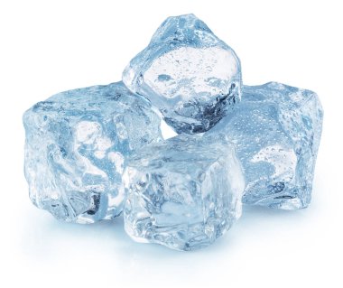 Four melting ice cubes covered with small water drops. File contains clipping paths.