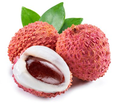 Tüm ve açık liçi meyvesi beyaz arka planda izole.