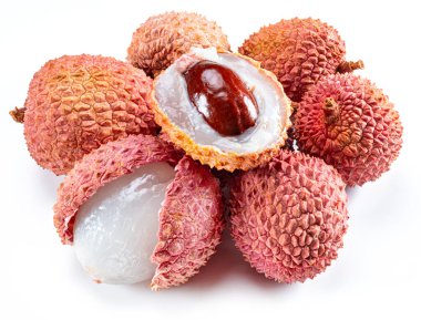 Whole and opened lychee fruit isolated on white background.