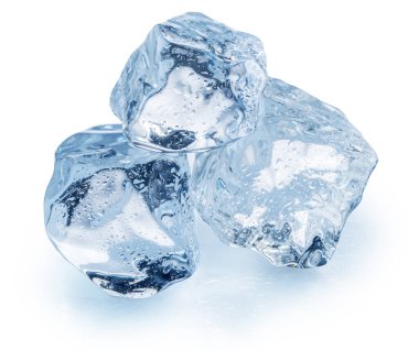 Three melting ice cubes covered with small water drops closeup. File contains clipping paths.