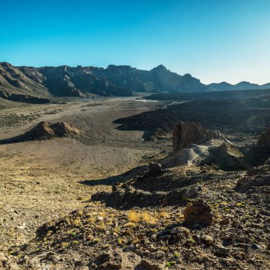 Teide Ulusal Parkı 'nın eşsiz manzarası ve Teide Volkan Tepesi manzarası. Tenerife Adası.