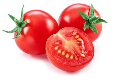 Ripe cherry tomatoes isolated on white background. Macro shot. Popular worldwide product as ingredient in many Mediterranean dishes.