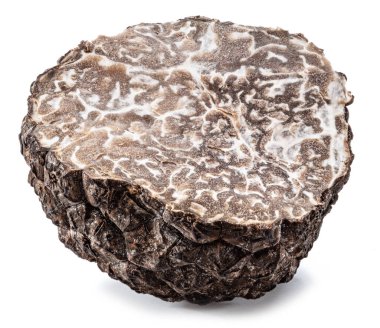 Cross section of black truffle, truffle structure, on white background.